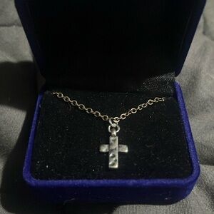 New silver tone cross necklace in blue velvet gift box